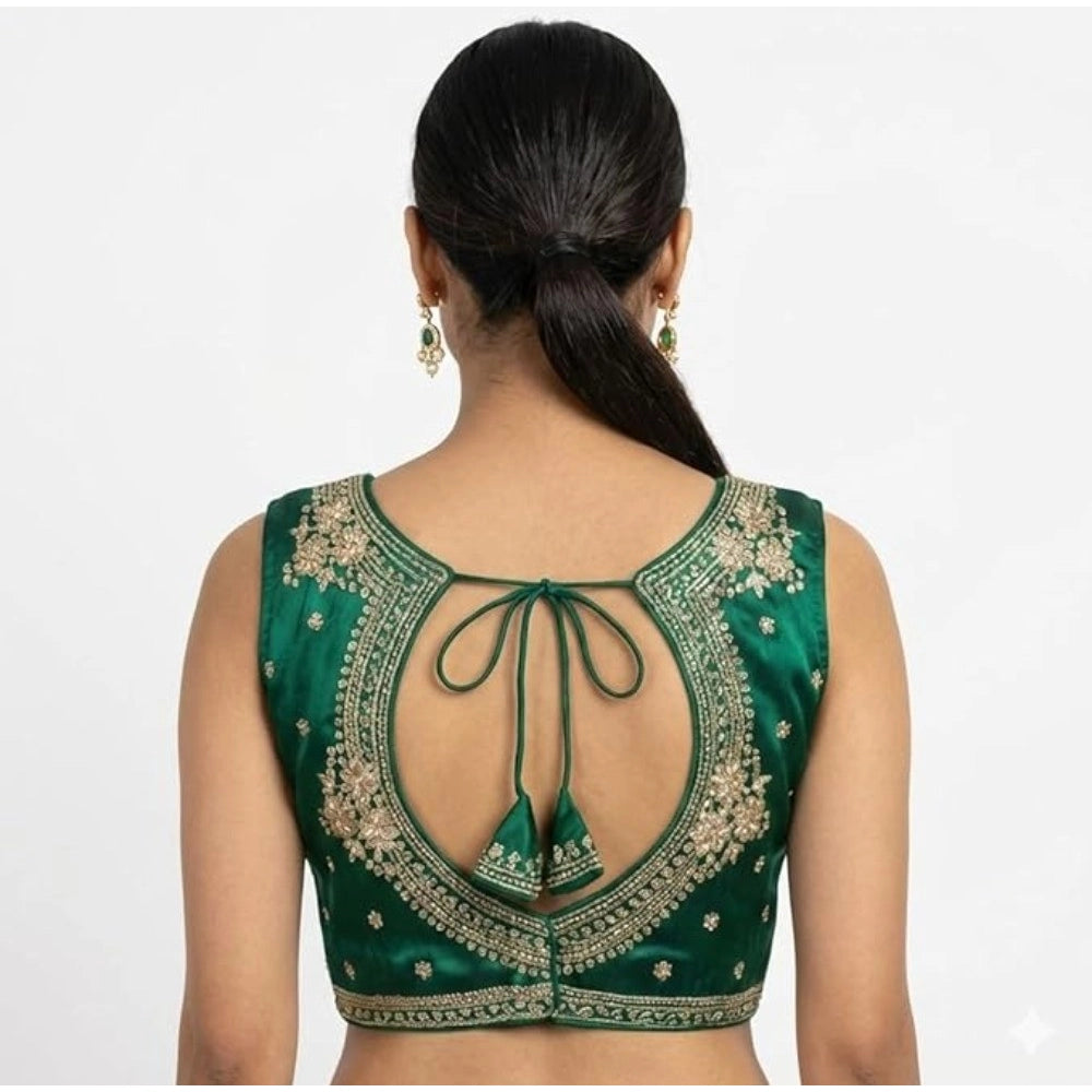 Women'S Silk Embroidered V-Neck Sleeveless Readymade Padded Bl