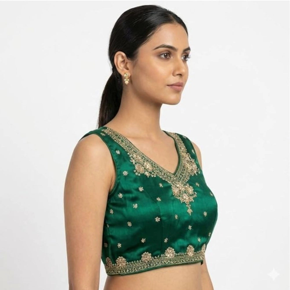 Women'S Silk Embroidered V-Neck Sleeveless Readymade Padded Bl