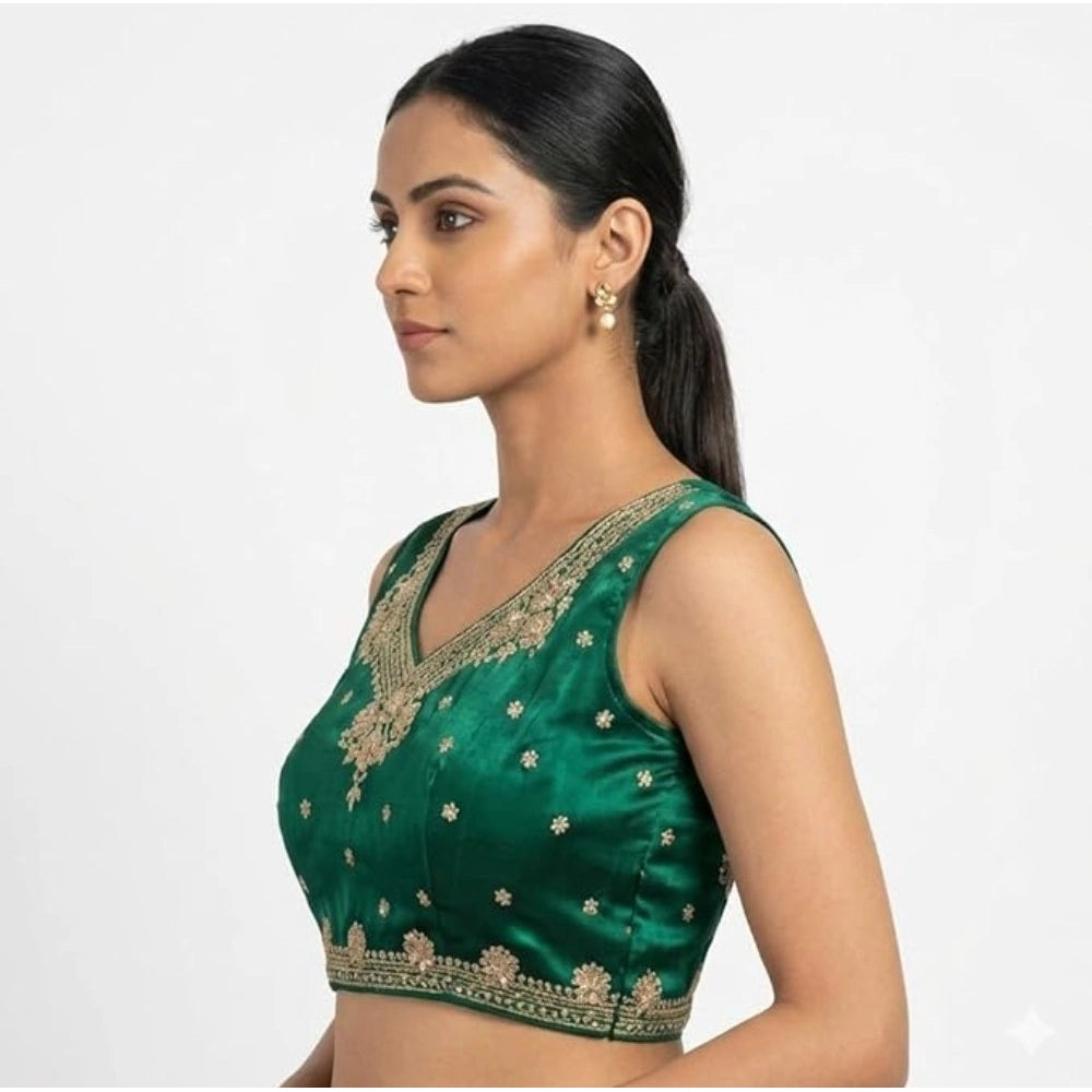 Women'S Silk Embroidered V-Neck Sleeveless Readymade Padded Bl