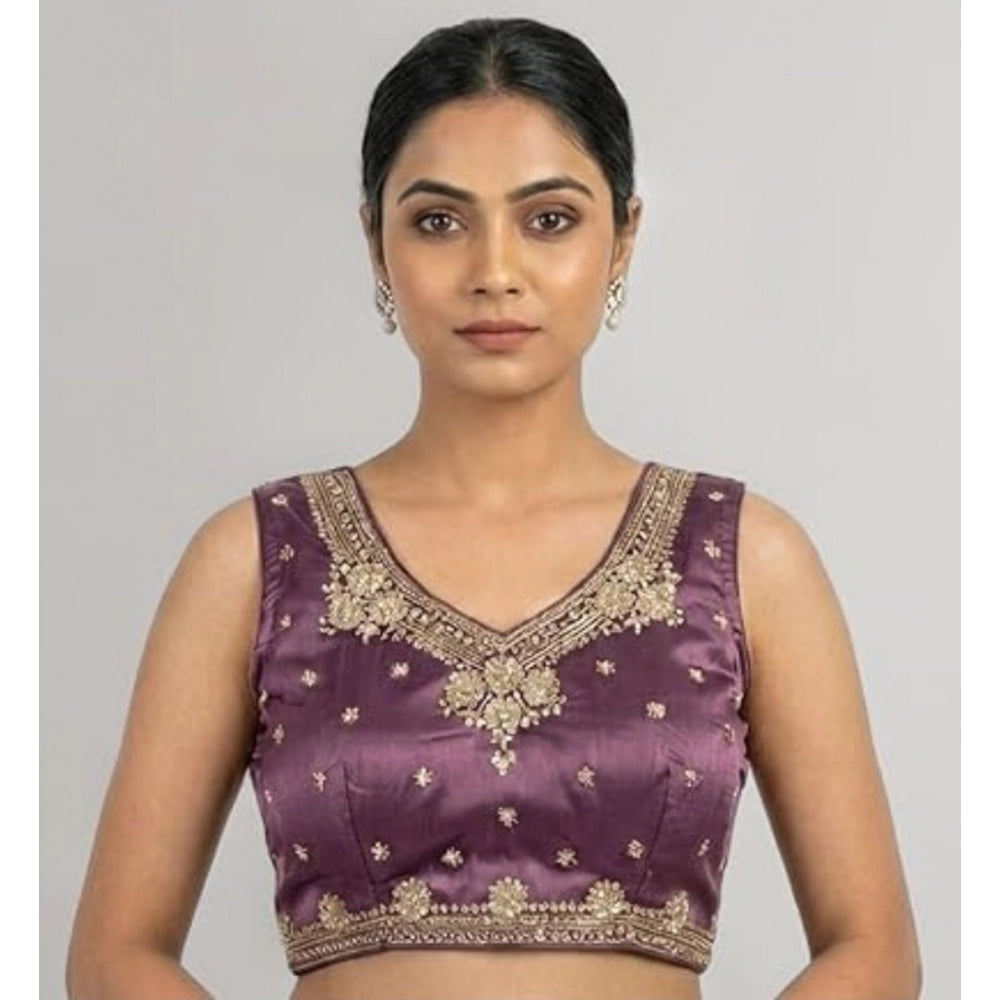 Women'S Silk Embroidered V-Neck Sleeveless Readymade Padded Bl