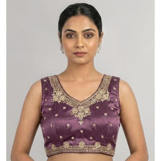 Women'S Silk Embroidered V-Neck Sleeveless Readymade Padded Bl