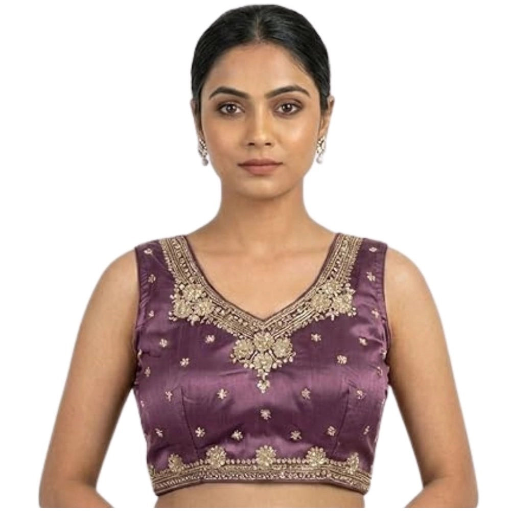 Women'S Silk Embroidered V-Neck Sleeveless Readymade Padded Bl