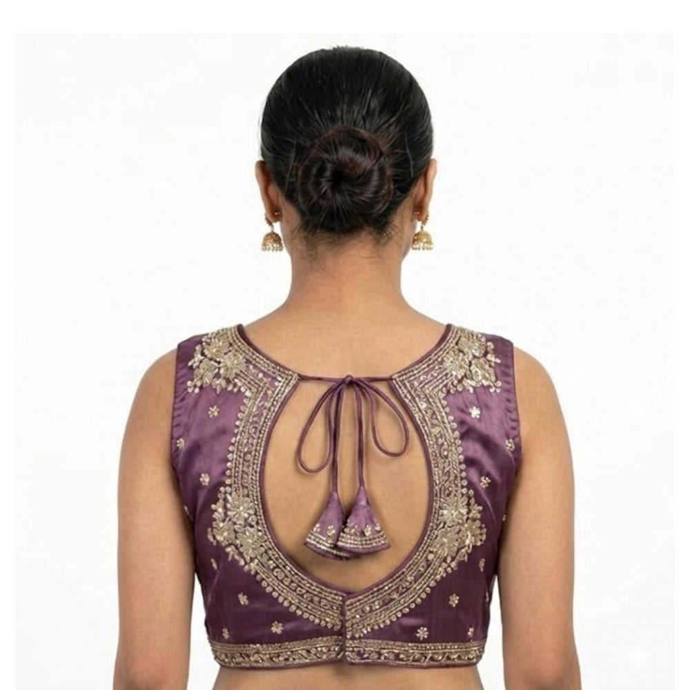 Women'S Silk Embroidered V-Neck Sleeveless Readymade Padded Bl