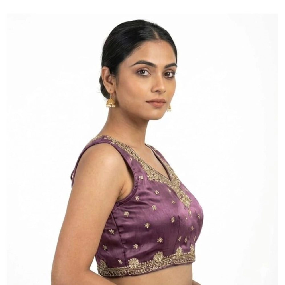 Women'S Silk Embroidered V-Neck Sleeveless Readymade Padded Bl