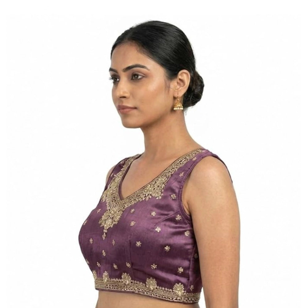 Women'S Silk Embroidered V-Neck Sleeveless Readymade Padded Bl
