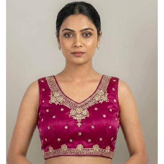 Women'S Silk Embroidered V-Neck Sleeveless Readymade Padded Bl
