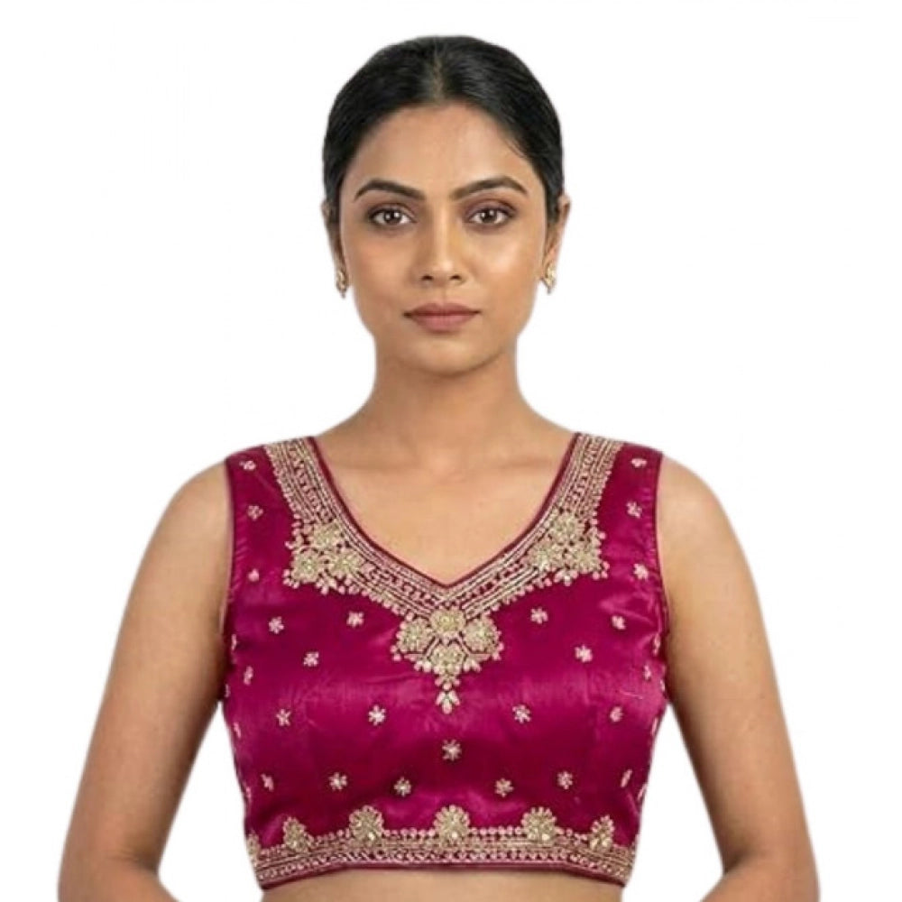Women'S Silk Embroidered V-Neck Sleeveless Readymade Padded Bl