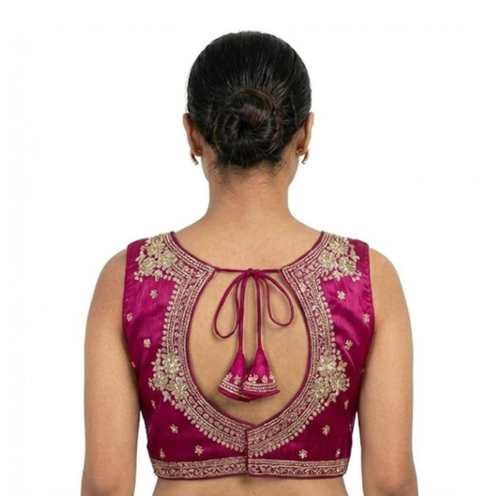 Women'S Silk Embroidered V-Neck Sleeveless Readymade Padded Bl