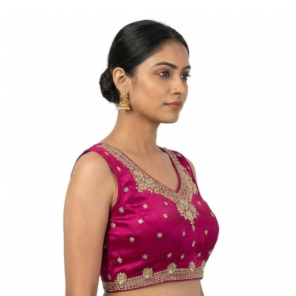 Women'S Silk Embroidered V-Neck Sleeveless Readymade Padded Bl