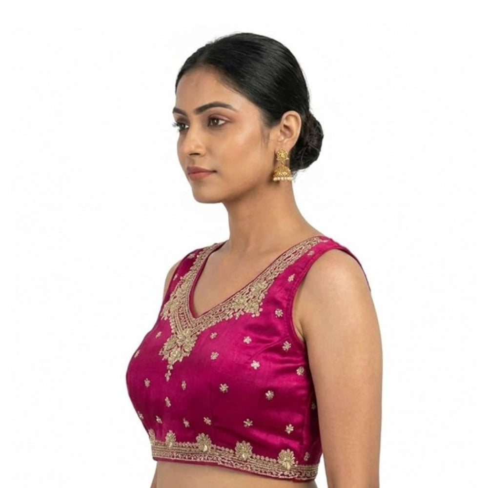Women'S Silk Embroidered V-Neck Sleeveless Readymade Padded Bl