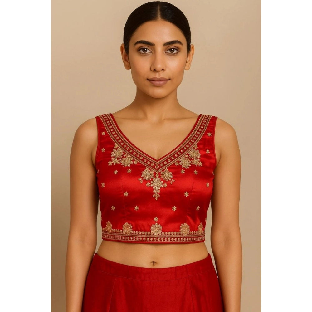 Women'S Silk Embroidered V-Neck Sleeveless Readymade Padded Bl