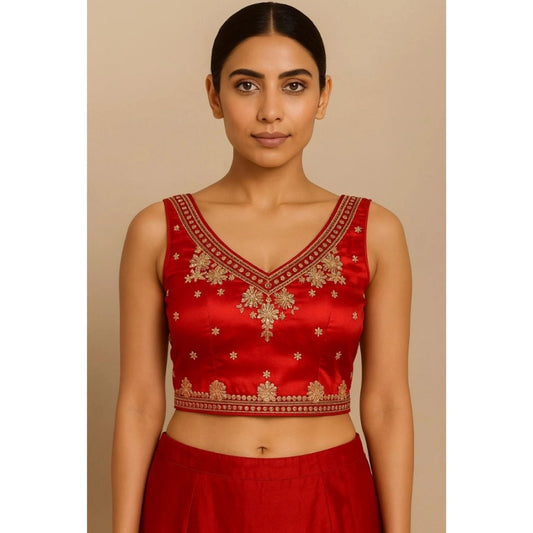 Women'S Silk Embroidered V-Neck Sleeveless Readymade Padded Bl
