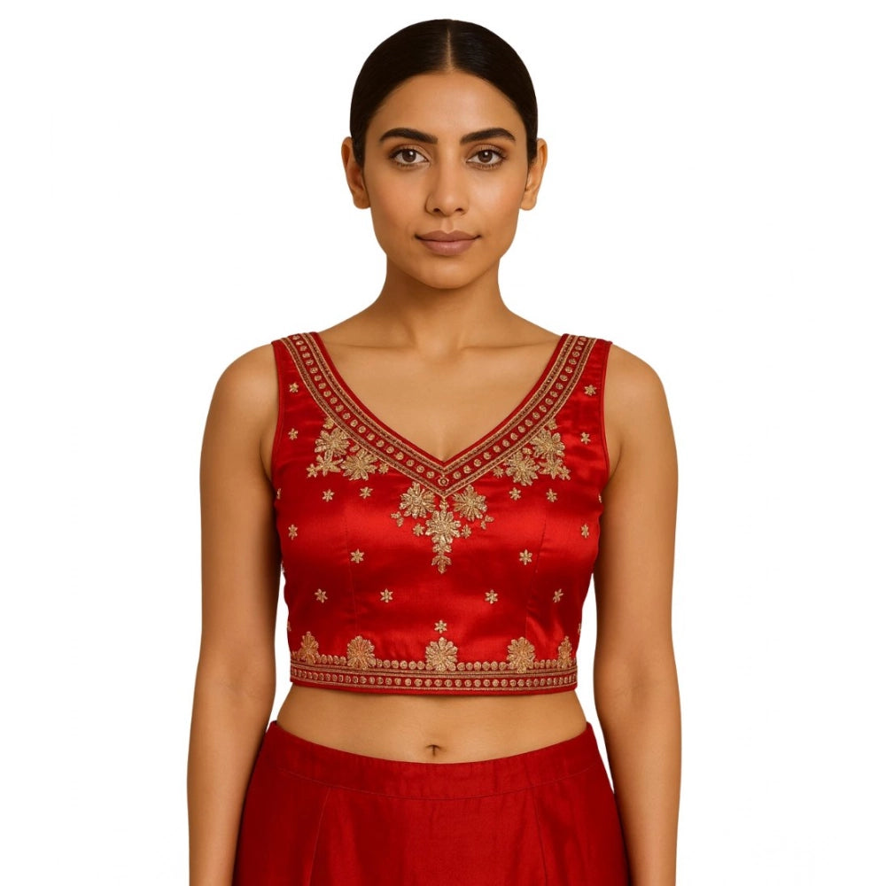 Women'S Silk Embroidered V-Neck Sleeveless Readymade Padded Bl