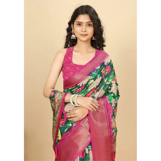 Women'S Cotton Silk Floral Printed Saree With Unstitched Blous