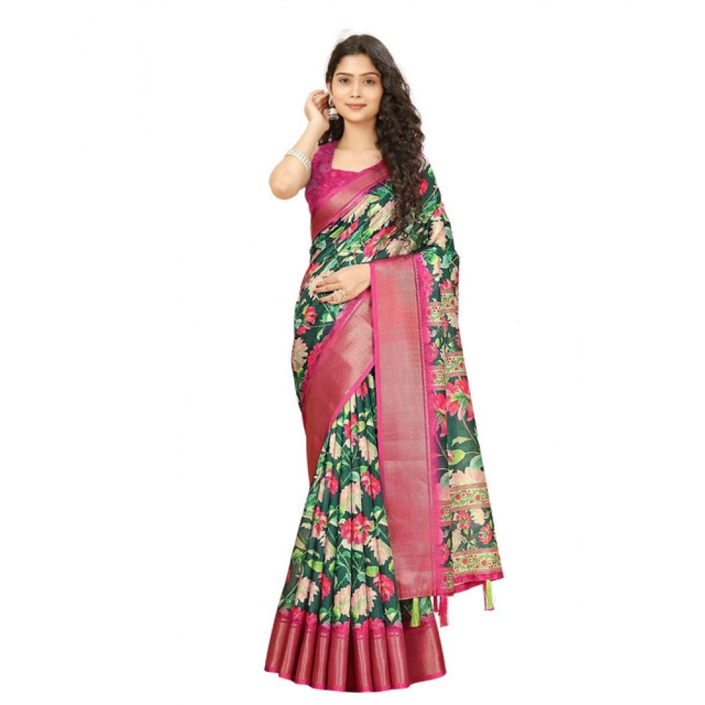 Women'S Cotton Silk Floral Printed Saree With Unstitched Blous