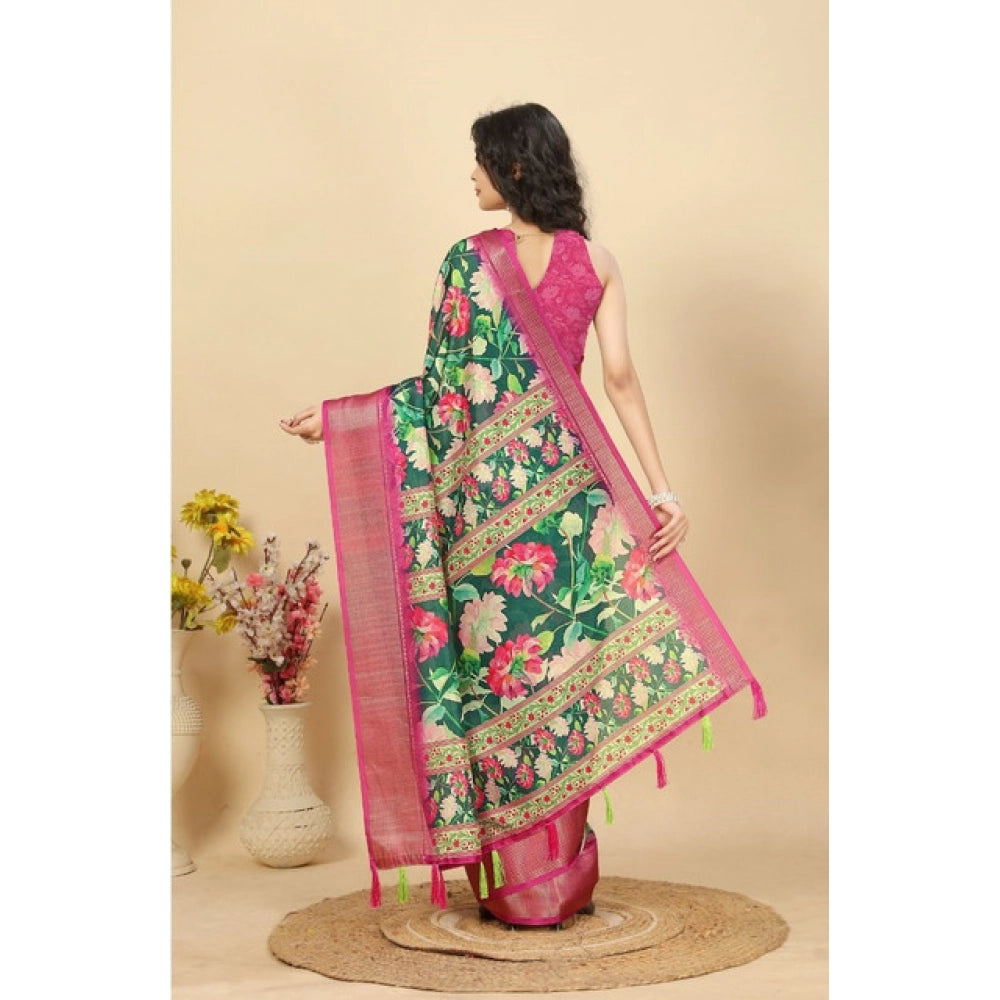 Women'S Cotton Silk Floral Printed Saree With Unstitched Blous