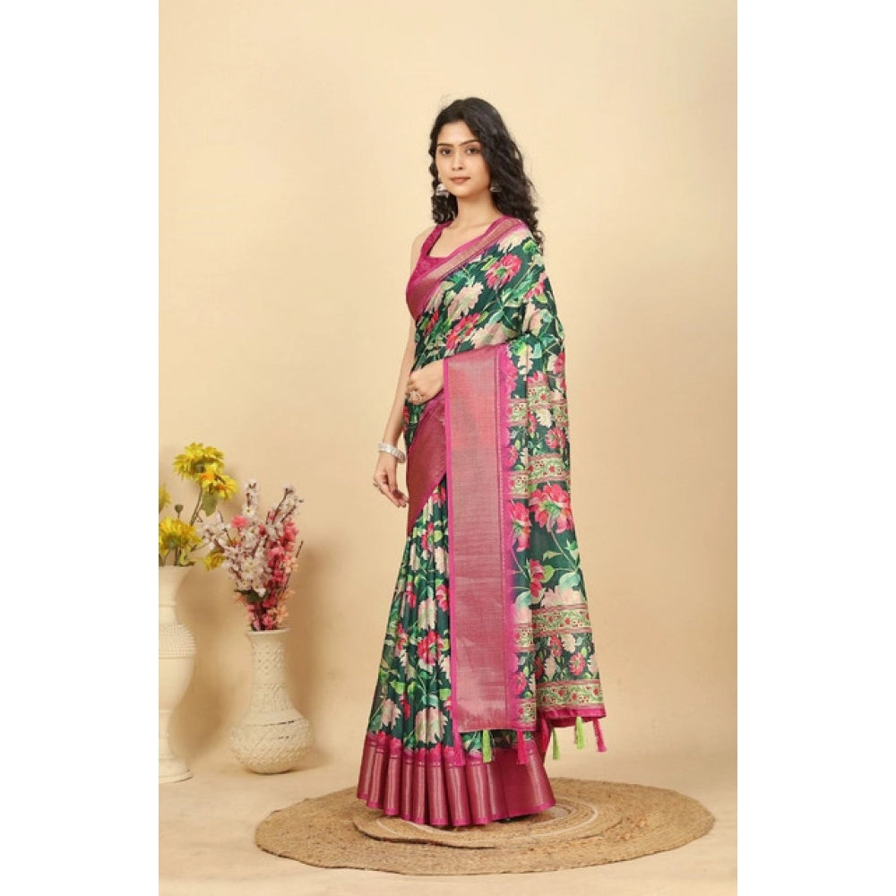 Women'S Cotton Silk Floral Printed Saree With Unstitched Blous