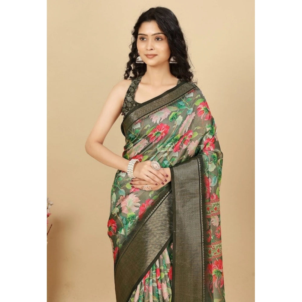 Women'S Cotton Silk Floral Printed Saree With Unstitched Blous