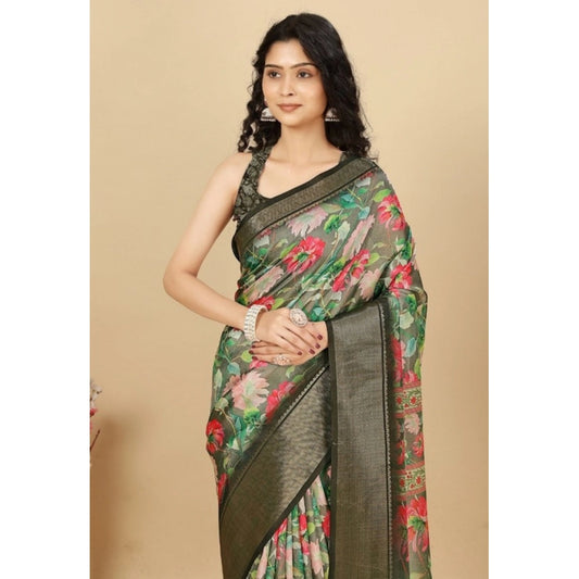 Women'S Cotton Silk Floral Printed Saree With Unstitched Blous