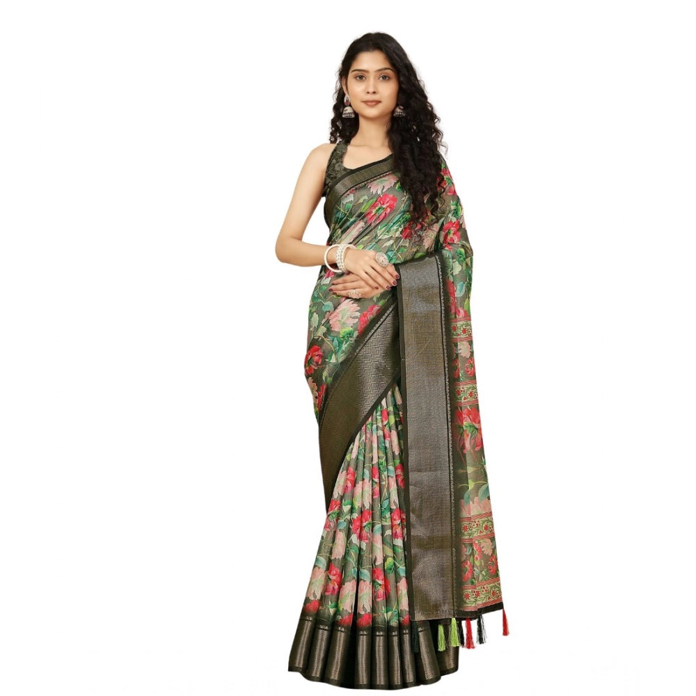 Women'S Cotton Silk Floral Printed Saree With Unstitched Blous