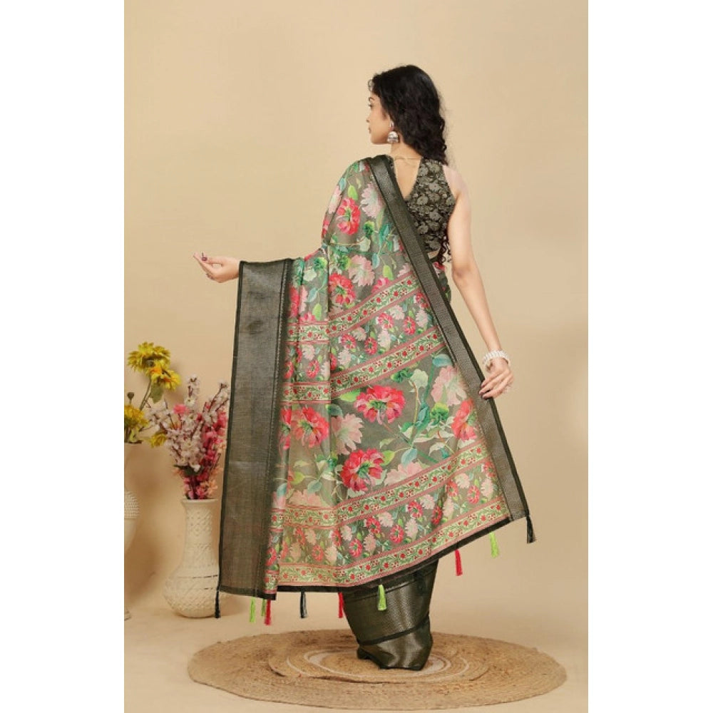 Women'S Cotton Silk Floral Printed Saree With Unstitched Blous