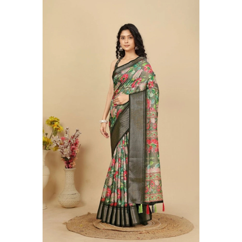 Women'S Cotton Silk Floral Printed Saree With Unstitched Blous
