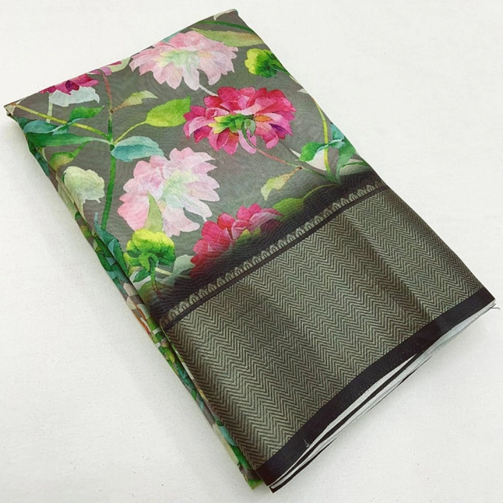 Women'S Cotton Silk Floral Printed Saree With Unstitched Blous
