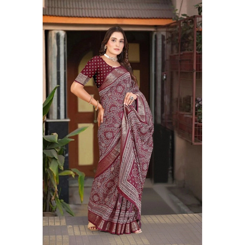 Women'S Cotton Silk Floral Printed Saree With Unstitched Blous
