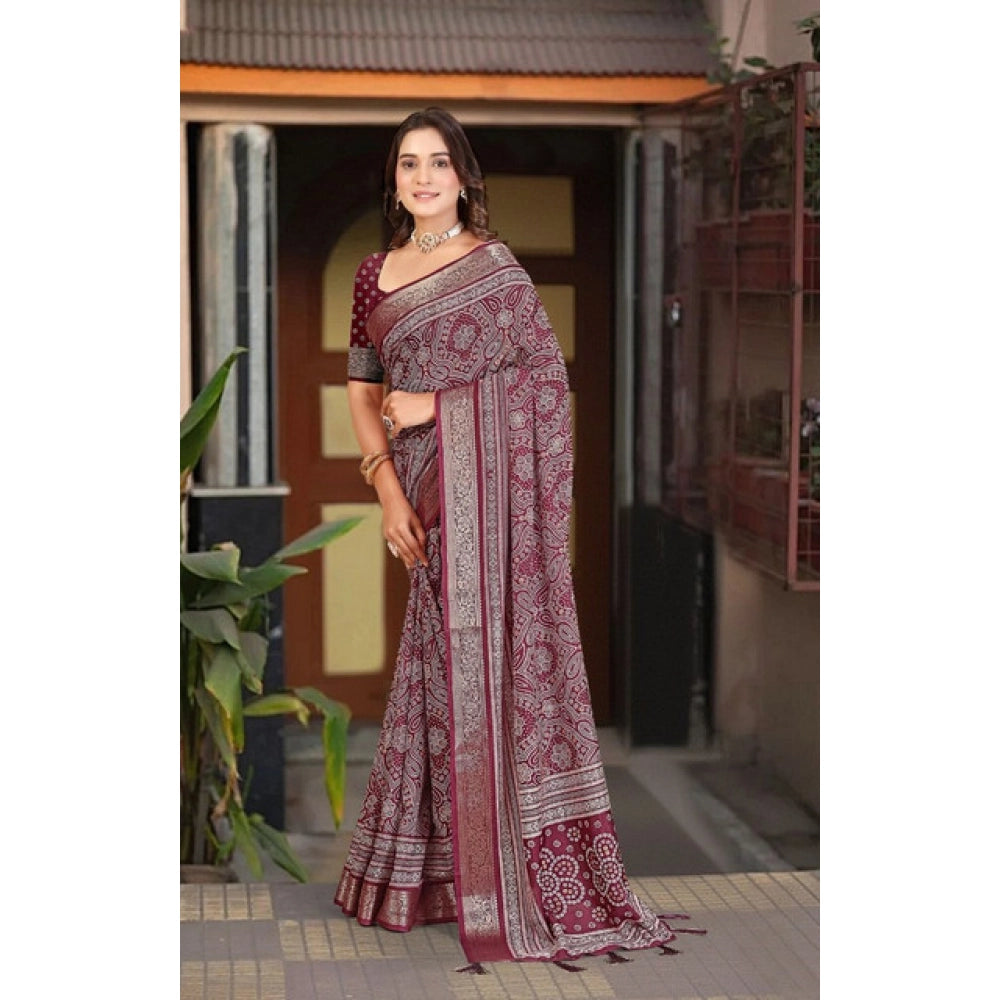 Women'S Cotton Silk Floral Printed Saree With Unstitched Blous
