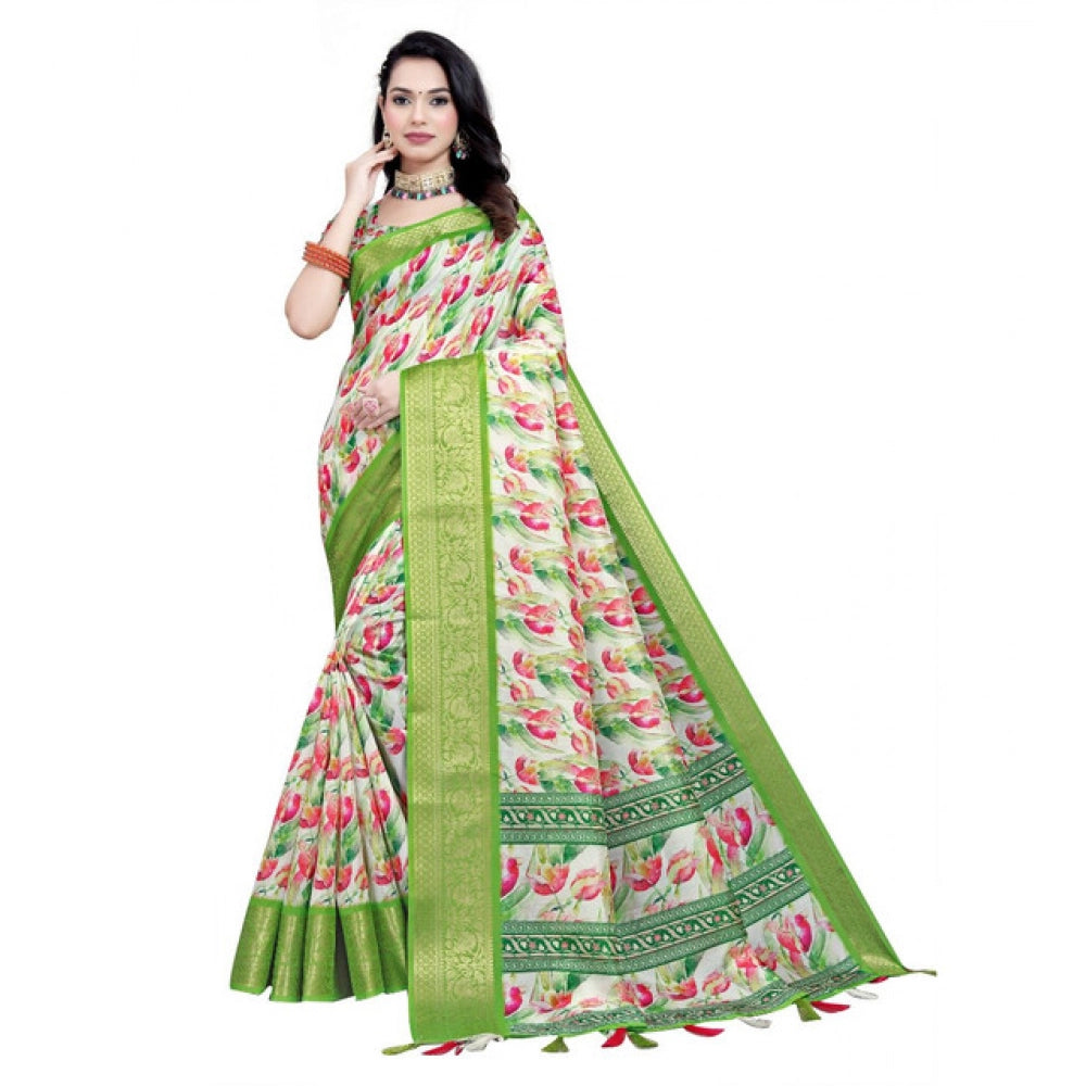 Women'S Cotton Silk Floral Printed Saree With Unstitched Blous