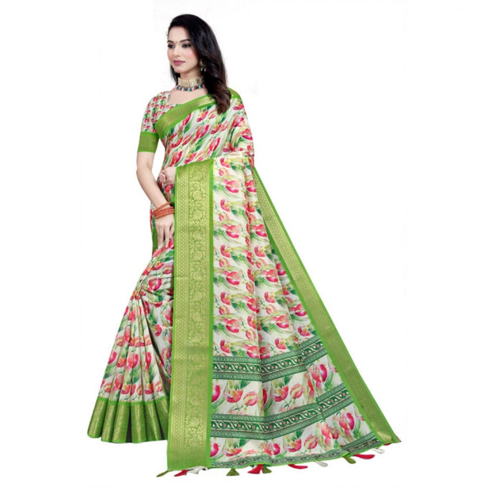 Women'S Cotton Silk Floral Printed Saree With Unstitched Blous