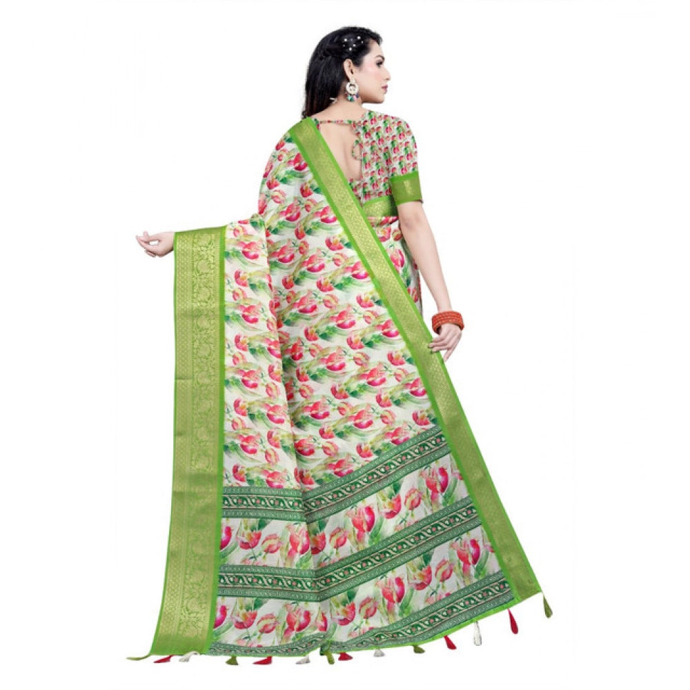 Women'S Cotton Silk Floral Printed Saree With Unstitched Blous