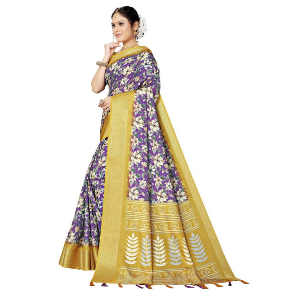 Women'S Cotton Silk Floral Printed Saree With Unstitched Blous