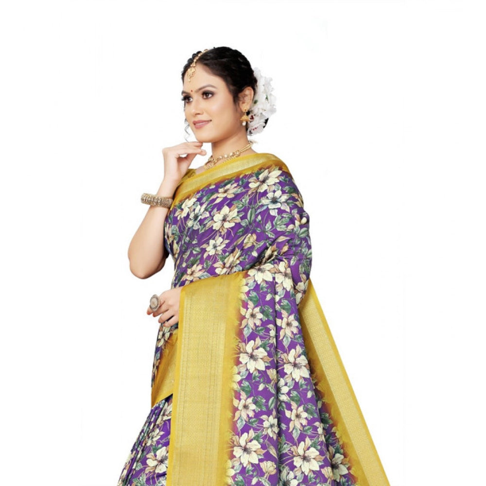 Women'S Cotton Silk Floral Printed Saree With Unstitched Blous