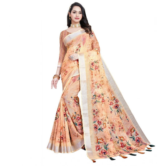 Women'S Cotton Silk Floral Printed Saree With Unstitched Blous