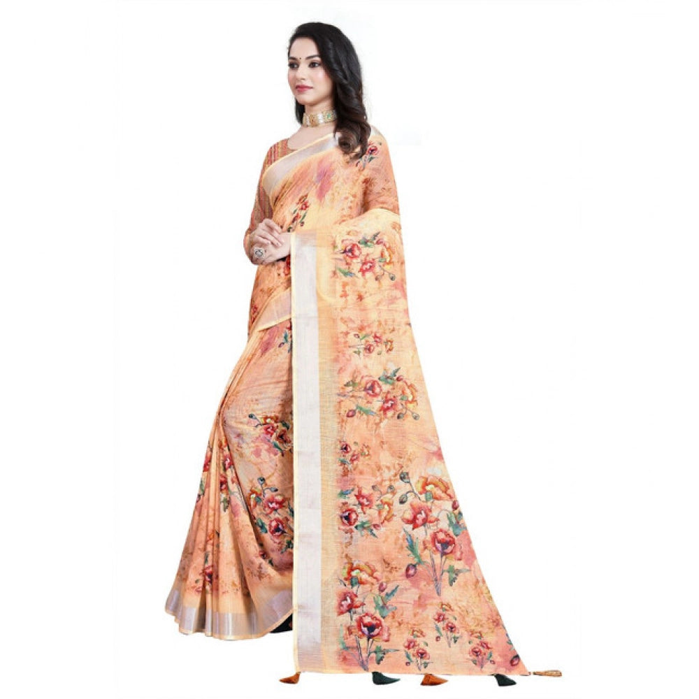 Women'S Cotton Silk Floral Printed Saree With Unstitched Blous