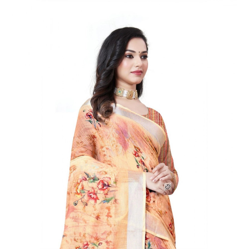 Women'S Cotton Silk Floral Printed Saree With Unstitched Blous