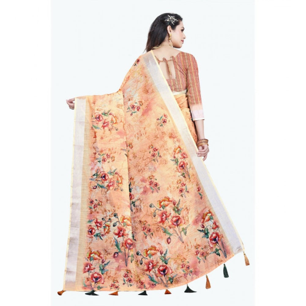 Women'S Cotton Silk Floral Printed Saree With Unstitched Blous