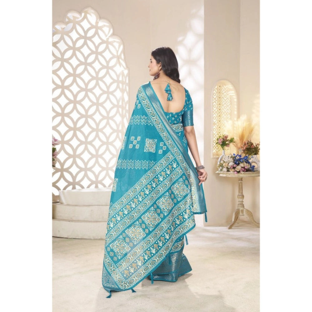 Women'S Cotton Silk Printed Saree With Unstitched Blouse 5.5Mt