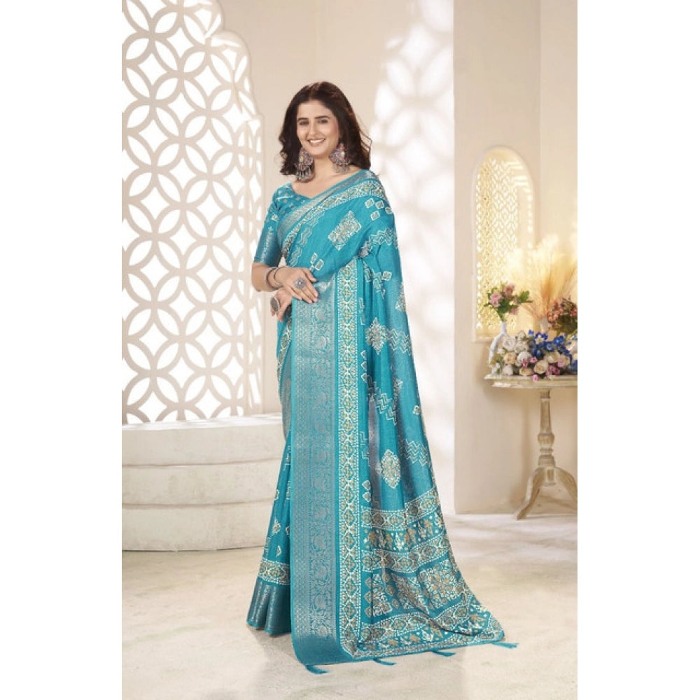 Women'S Cotton Silk Printed Saree With Unstitched Blouse 5.5Mt