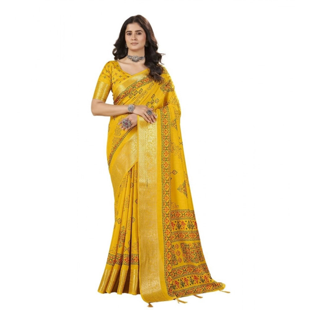 Women'S Cotton Silk Printed Saree With Unstitched Blouse 5.5Mt