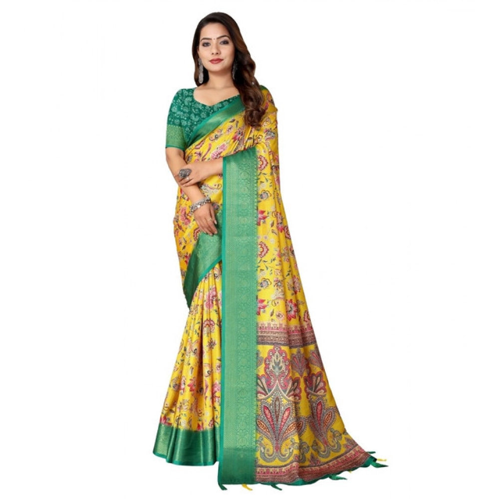 Women'S Cotton Silk Floral Printed Saree With Unstitched Blous