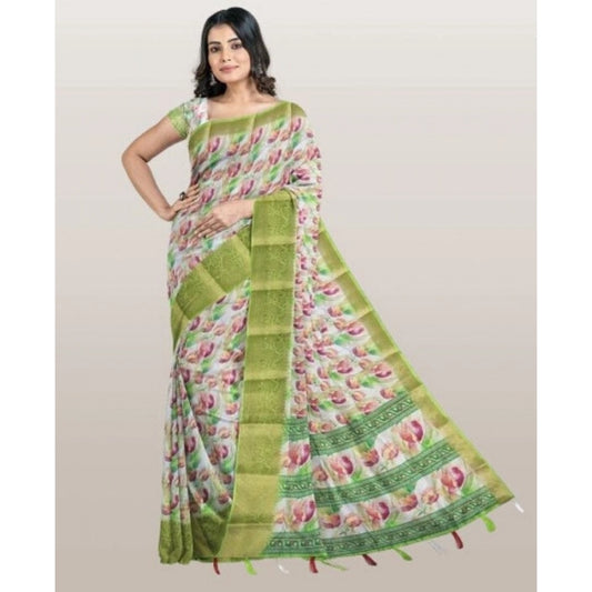 Women'S Cotton Blend Floral Printed Saree With Unstitched Blou