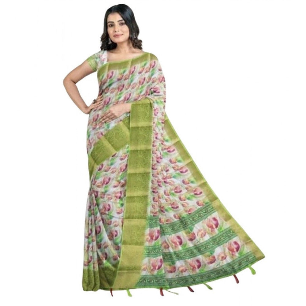 Women'S Cotton Blend Floral Printed Saree With Unstitched Blou