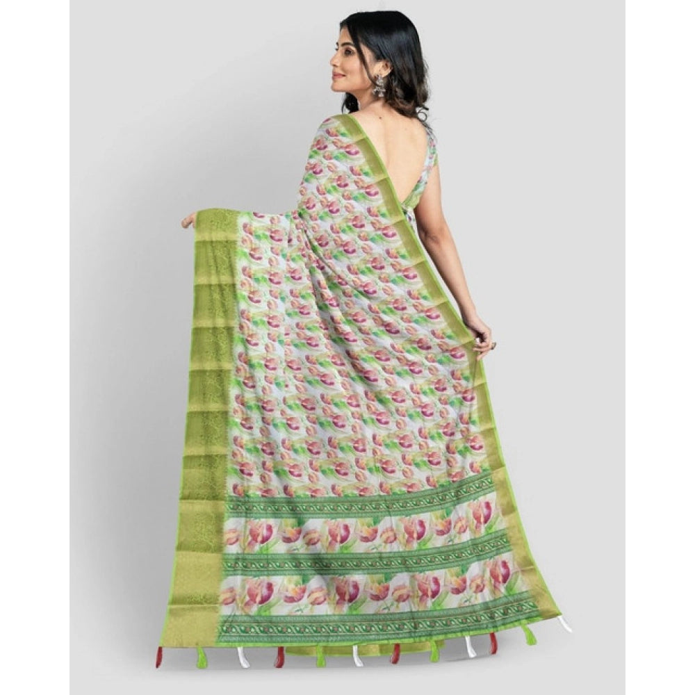 Women'S Cotton Blend Floral Printed Saree With Unstitched Blou