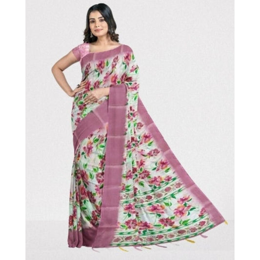 Women'S Cotton Blend Floral Printed Saree With Unstitched Blou