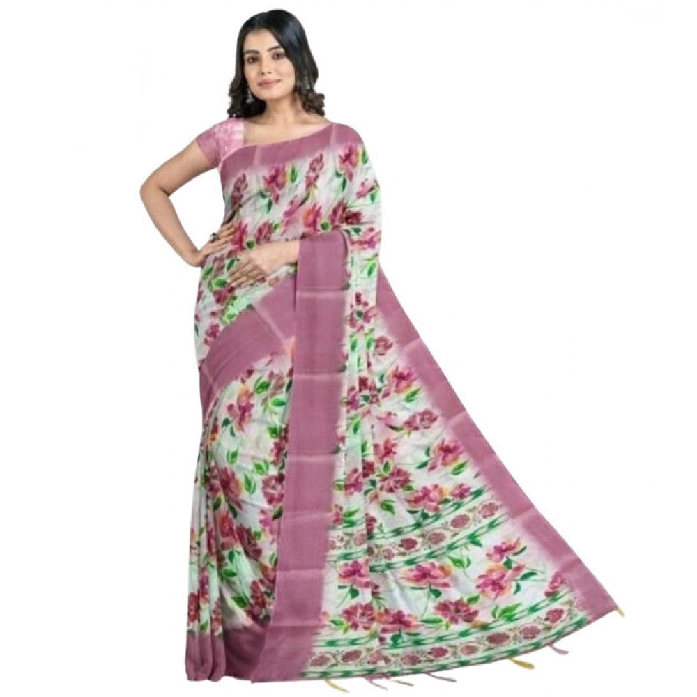 Women'S Cotton Blend Floral Printed Saree With Unstitched Blou