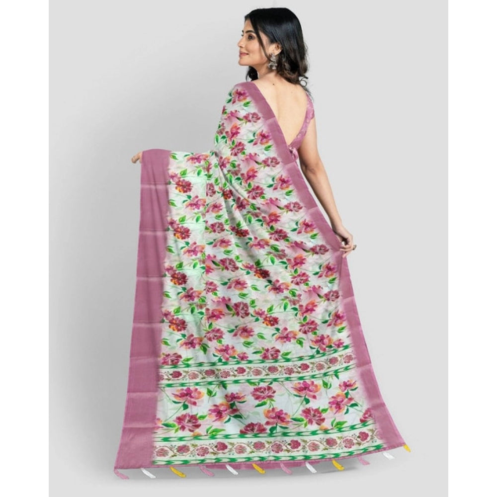 Women'S Cotton Blend Floral Printed Saree With Unstitched Blou