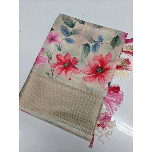 Women'S Cotton Silk Floral Printed Saree With Unstitched Blous