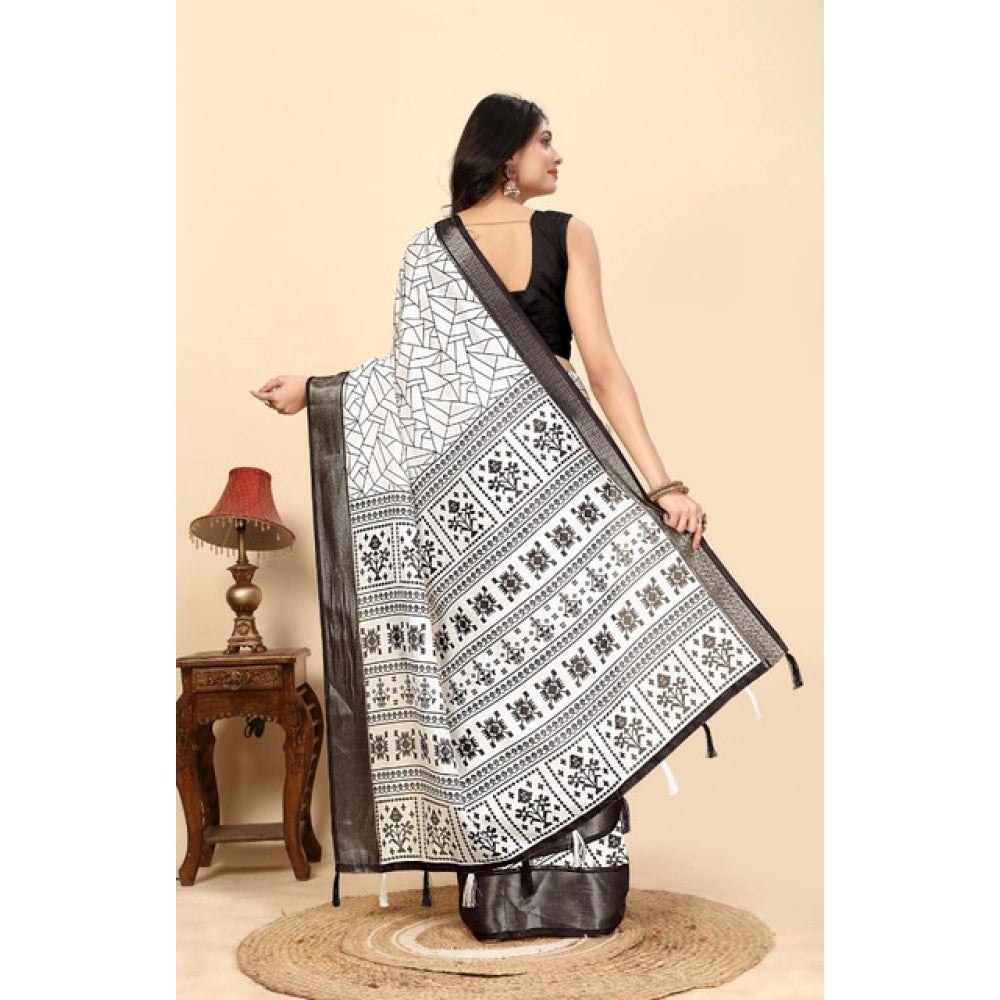 Women'S Cotton Silk Printed Saree With Unstitched Blouse 5.5Mt